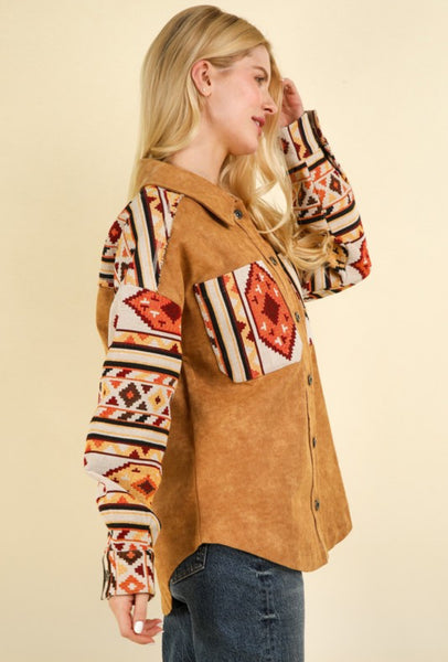 Aztec Color Block Oversided Shacket -Camel