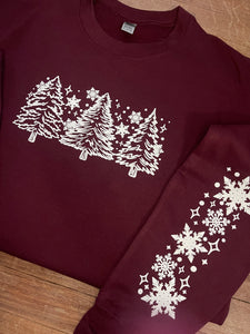 Snowy Trees with Sleeve Detail - Puff Print Sweatshirt