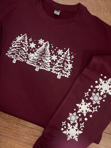 Snowy Trees with Sleeve Detail - Puff Print Sweatshirt