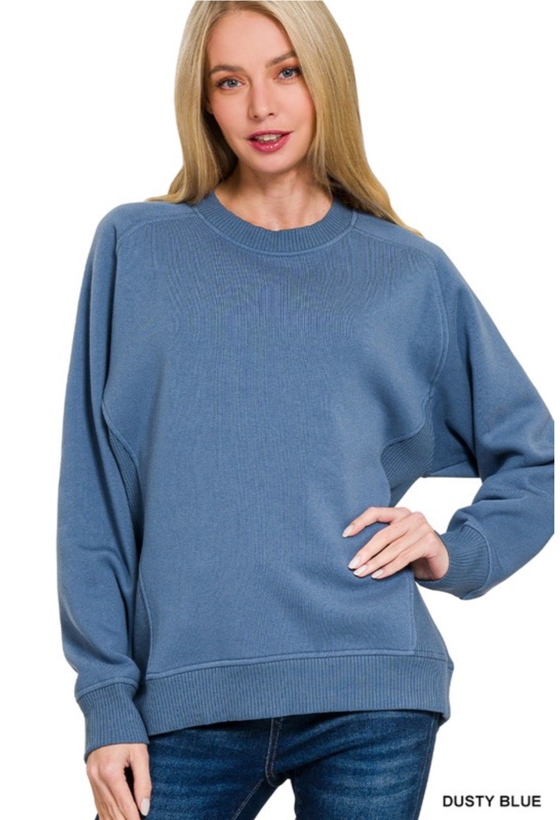 Fleece Roundneck Ribbed Side  Pullover - Dusty Blue