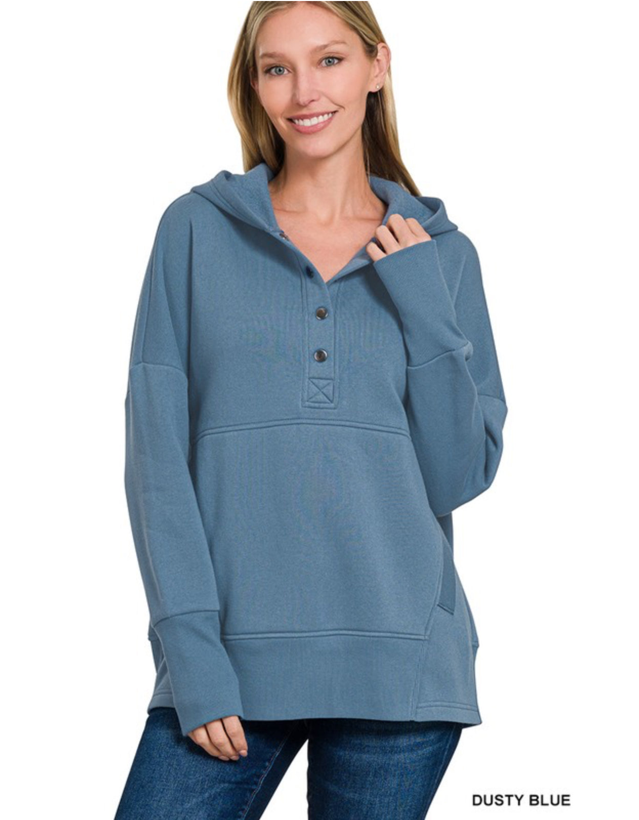 Fleece Half Snap with Hood Pullover - Dusty Blue