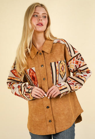 Aztec Color Block Oversided Shacket -Camel