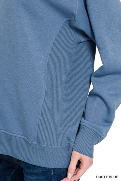 Fleece Roundneck Ribbed Side  Pullover - Dusty Blue