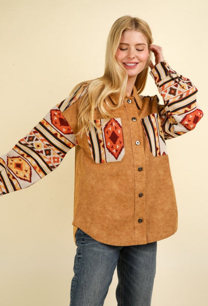 Aztec Color Block Oversided Shacket -Camel