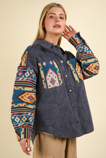 Aztec Color Block Oversided Shacket -Denim