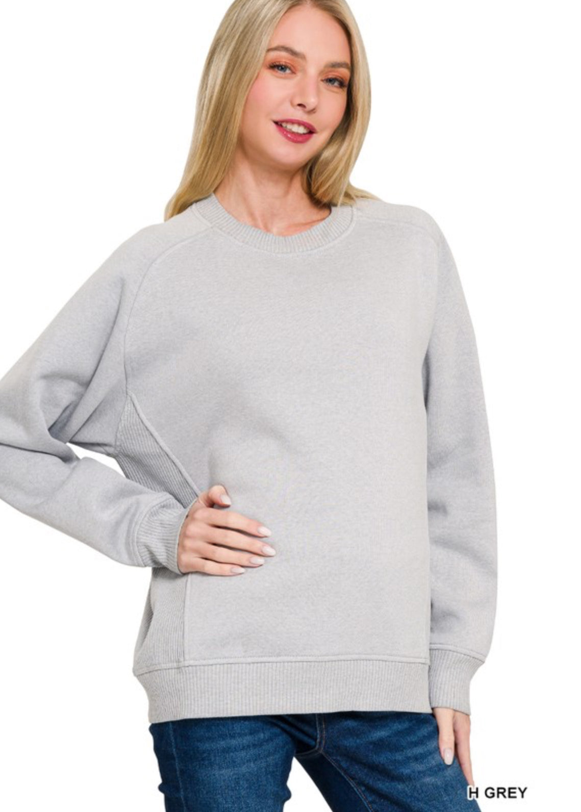 Fleece Roundneck Ribbed Side  Pullover - H. Grey