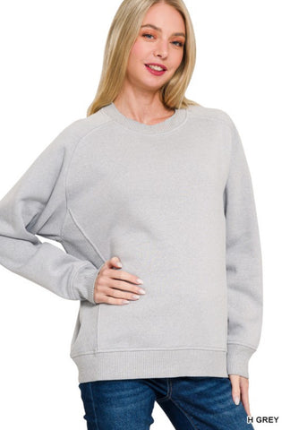 Fleece Roundneck Ribbed Side  Pullover - H. Grey