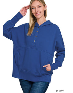 Fleece Half Snap with Hood Pullover - LT Navy