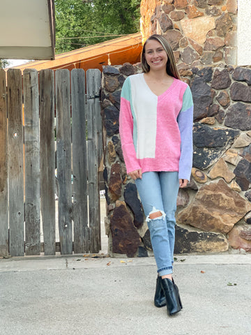 Allie Cozy V-Neck Colorblock Sweater