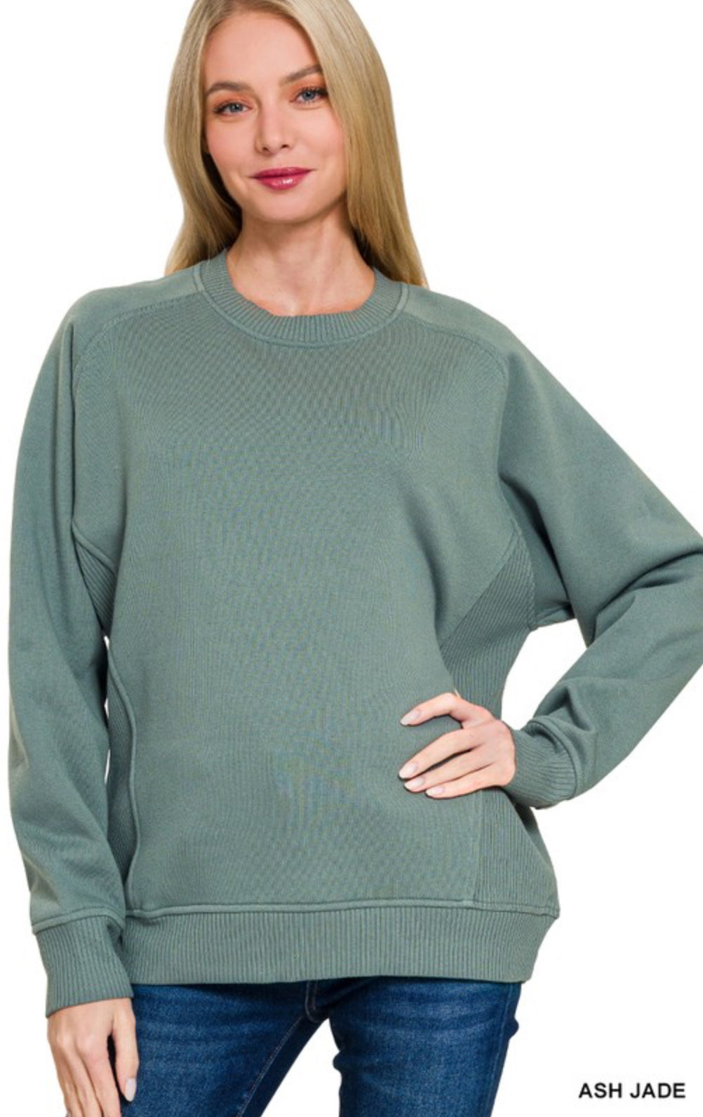 Fleece Roundneck Ribbed Side  Pullover - Ash Jade