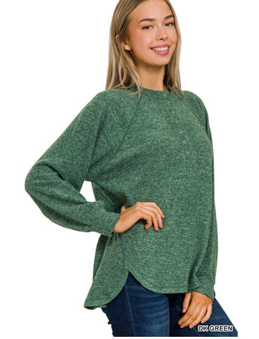 Brushed Melange Hacci Henley Sweater - Dk Green