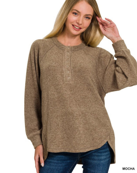 Brushed Melange Hacci Henley Sweater - Mocha