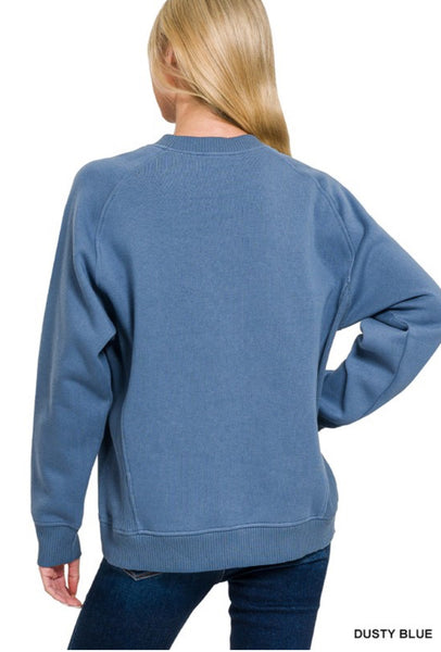 Fleece Roundneck Ribbed Side  Pullover - Dusty Blue