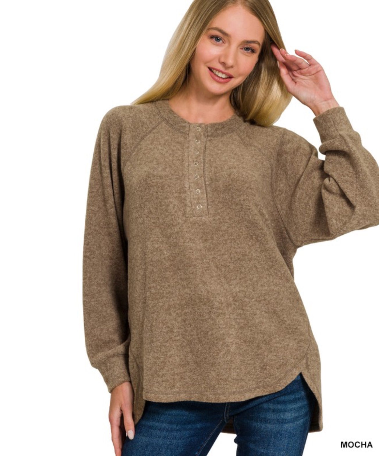 Brushed Melange Hacci Henley Sweater - Mocha