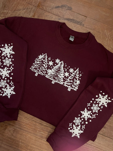 Snowy Trees with Sleeve Detail - Puff Print Sweatshirt