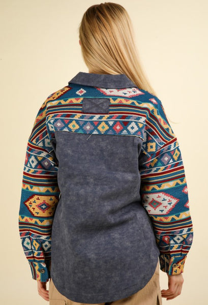 Aztec Color Block Oversided Shacket -Denim