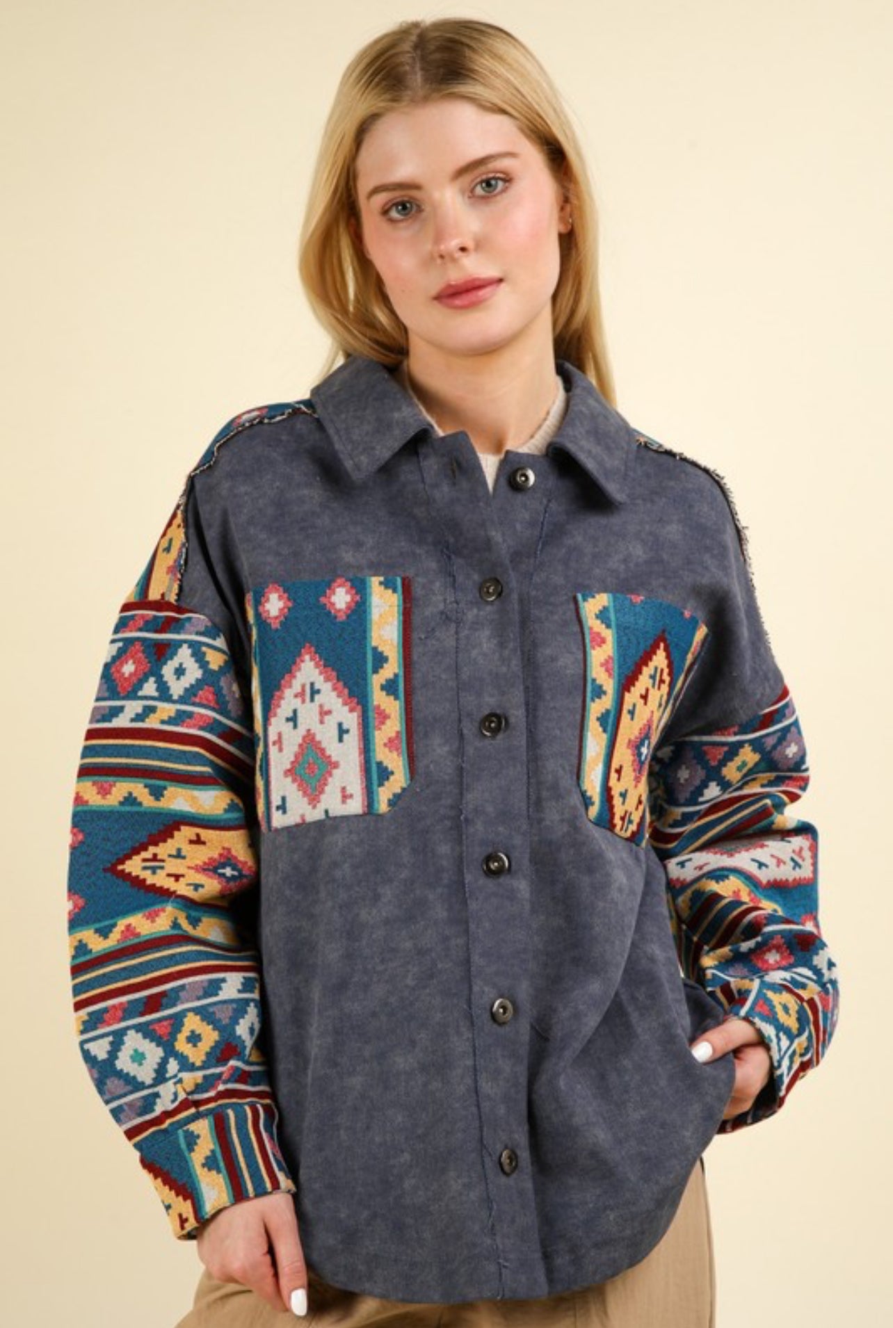 Aztec Color Block Oversided Shacket -Denim